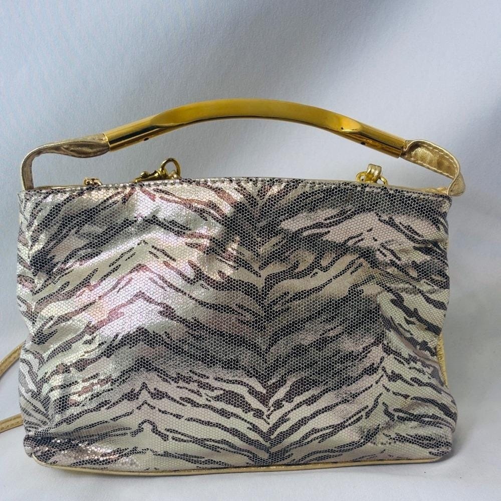 80s Vintage Metallic Gold Leather Tiger Stripe Bag Purse New